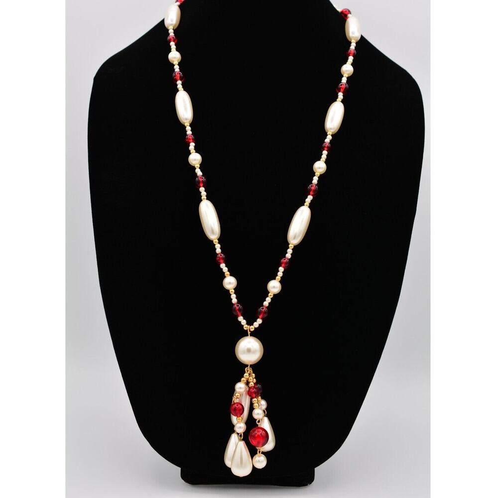 Vintage Beaded Necklace Red Lucite White Faux Pearl Gold Tassel NOS 1980s BinA5